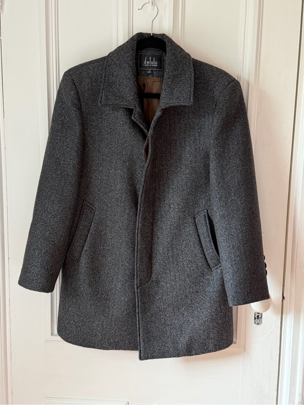 Men’s Defulu Mid Length Wool Charcoal Grey Button Front Slash Pocket Car Coat